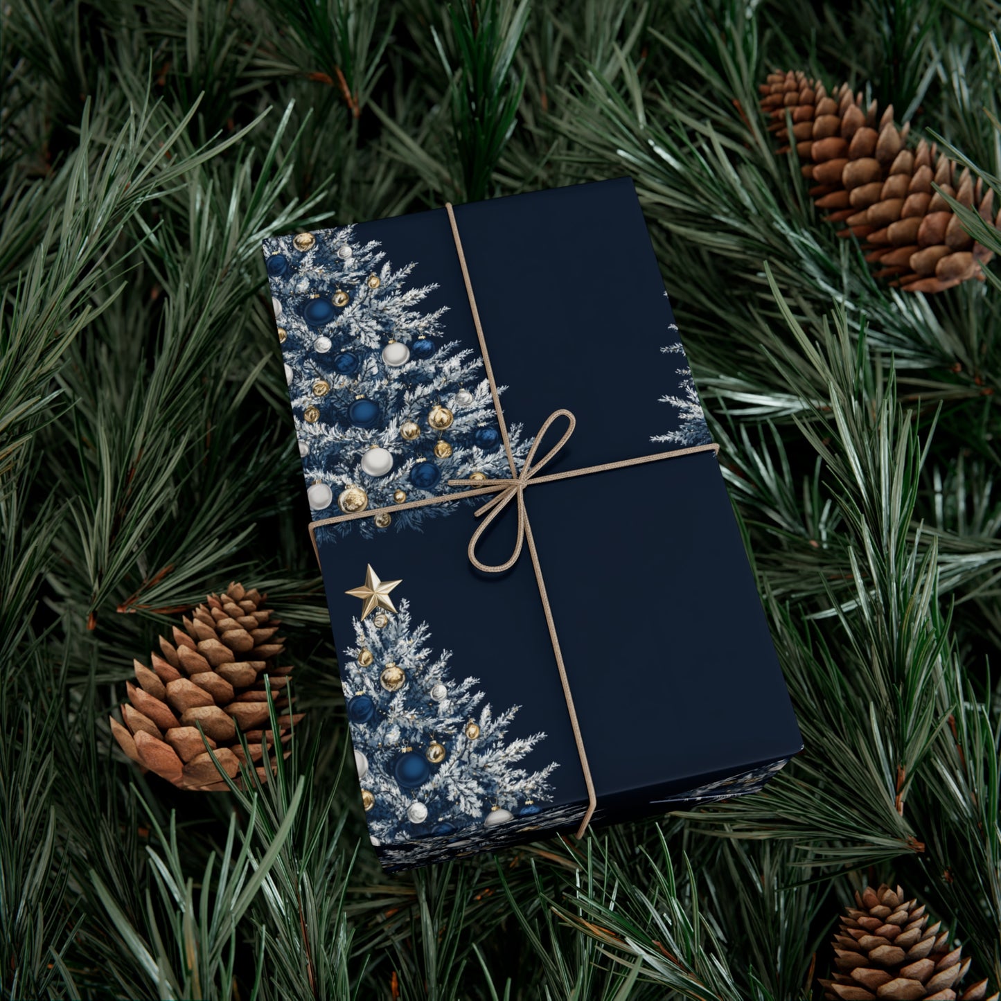 Wrapping Paper - Flocked Blue and Silver Christmas Tree Design